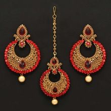 Red Color Rhinestone AND  Imitation Pearl Maang Tikka With Earring