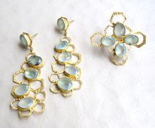 Earring And Ring Of Blue Chalcedony Honey Comb Style