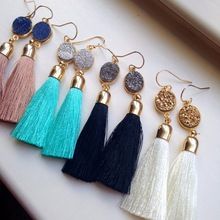 Titanium Coated Multi-Color Agate Druzy Thread Tassel Handmade Earring