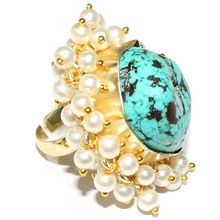 Turquoise Stone Pearl Strings Cocktail Jewelry Ring