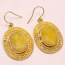 Yellow Oval Shape With Rounded Metal Handmade Beautiful Vintage Statement Earring