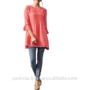 omato Red Georgette Long Top.