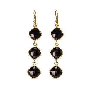 Faceted Black Onyx stone Bezel Set Hook Earrings