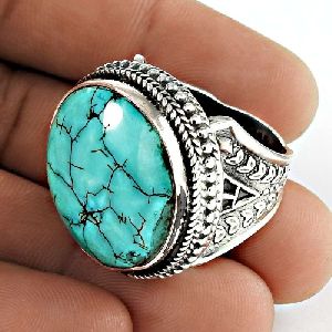Tibetan Turquoise Gemstone Ring 925 Sterling Silver Artisan Jewelry