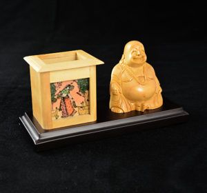 WOODEN BUDHA WITH PEN STAND