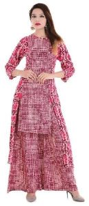 Pink Printed Kurti With Palazzo, Size : M, XL