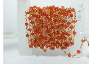 Natural Carnelian Faceted Rondelle Beads Gold Plated Rosary Chain