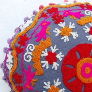 Suzani Round Cushion Pom Pom Embroidered Pillow Cover Decorative Throw