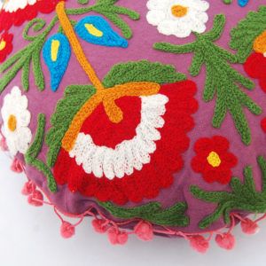 Suzani Round Pillows Embroidered Pom Pom Lace Cushion Cover