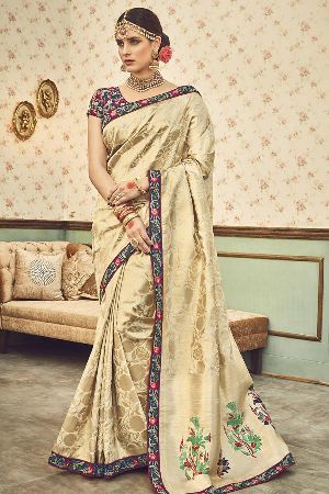Classic beige Designer Banarasi brocade pure silk saree