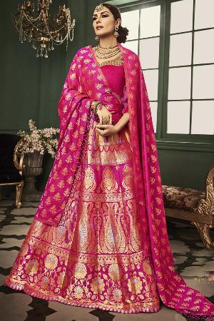 Rani Pink Pure Banarasi Silk lehenga