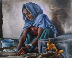 Woman kneeding dough, Oil paintings