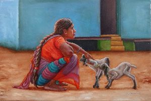 Woman petting goats, Oil paintings