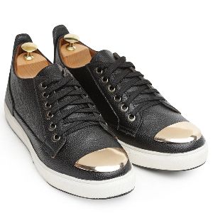 Faux Leather Gold Tip Black Sneakers