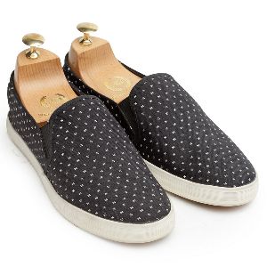 Faux Leather Self Print Canvas Black Sneakers