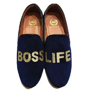 Faux Leather Golden Thread Navy Slip Ons