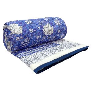 Hand Block floral canvas brandeis blue Twin Size Cotton Quilt