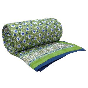 Handmade Anemone Green Block Printed Twin Size Cotton Quilt