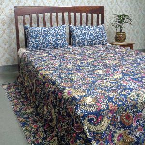 Mukut Blue Hand Embroidered Screen Printed Kantha Quilt