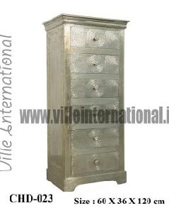 Embossed white metal fitted tall boy chest of drawers with six drawers