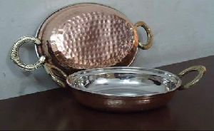 COPPER STEEL OVAL PORTION DISH WITH BRASS HANDLE