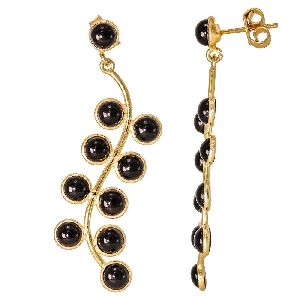 Black Onyx Cab Round Stud Drop Earring Bezel Jewelry