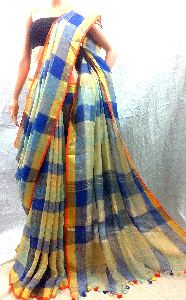 New Handloom Linen Multicolor Check saree