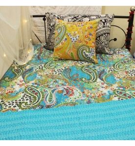 Turquoise Paisley Kantha Quilt