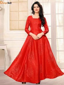 Plain Satin Bollywood Style Red Gown, Size : M, XL