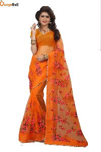 Embroidered Orange Net Saree, Technics : Woven