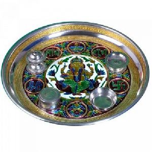 Ganesh Design Meenakari Steel Pooja Dish
