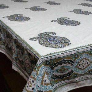 Big Paisley Jade Olive Hand Block Printed Tablecloth