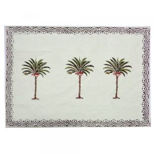 Three Palm Green Border Tablemat Hand Block Printed on Cotton Canvas