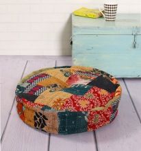 stitched patchwork cotton filled ottoman round reversible floor cushion