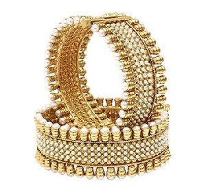 Antique Golden Polished With Pearls Polki Openable Bangles
