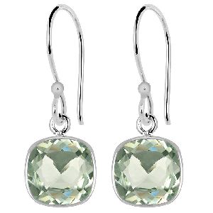 Cushion Shaped Green Amethyst Silver Dangle Earrings