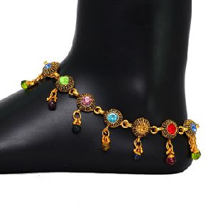 Oxidised Gold Tone Multi Color Crystals Fashion Payal Anklets