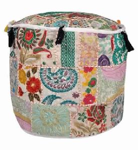 VINTAGE EMBROIDERED DESIGN COTTON PATCHWORK POUF OTTOMAN COVER