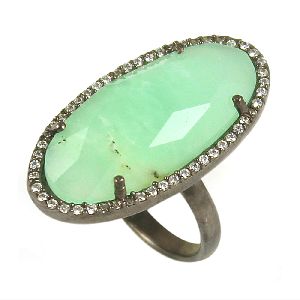 Chrysoprase oval silver pave set ring