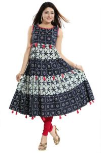 Beauteous Ethnic Blue Kalidaar Kurti With Pom Pom Detailing