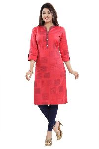 Real Red Printed Cotton Straight Cut Kurti