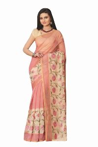 Pink Cream Supernet Checks Saree