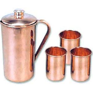 Polished Copper Jugs With Three Glass Set