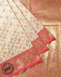 Katan Silk Cream Floral Banarasi Sari For Party Wear