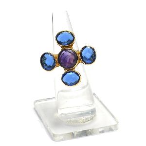 Amethyst With Blue Hydro Round and Oval Shape Gold Plated Bezel Gemstone Ring