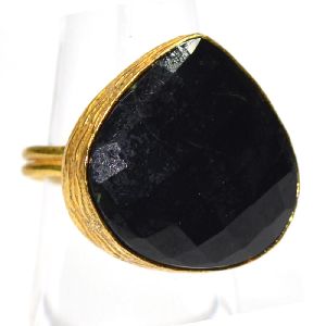 Black Spinel Pear Shape Gold Plated Gemstone Bezel Ring