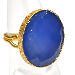 Blue Chalcedony Oval Shape Gold Plated Bezel Gemstone Ring