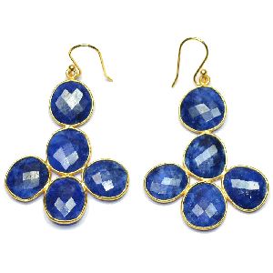 Blue Sapphire Fancy Shape Gold Plated over 925 Sterling Silver Bezel Dangle AND Drop Earring