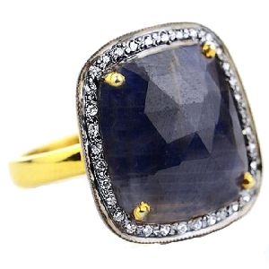 Blue Sapphire With CZ Fancy Shape Gold Plated over 925 Sterling Silver Ring
