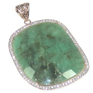 Emerald With CZ Fancy Shape Rose Gold Sterling Silver Pendant